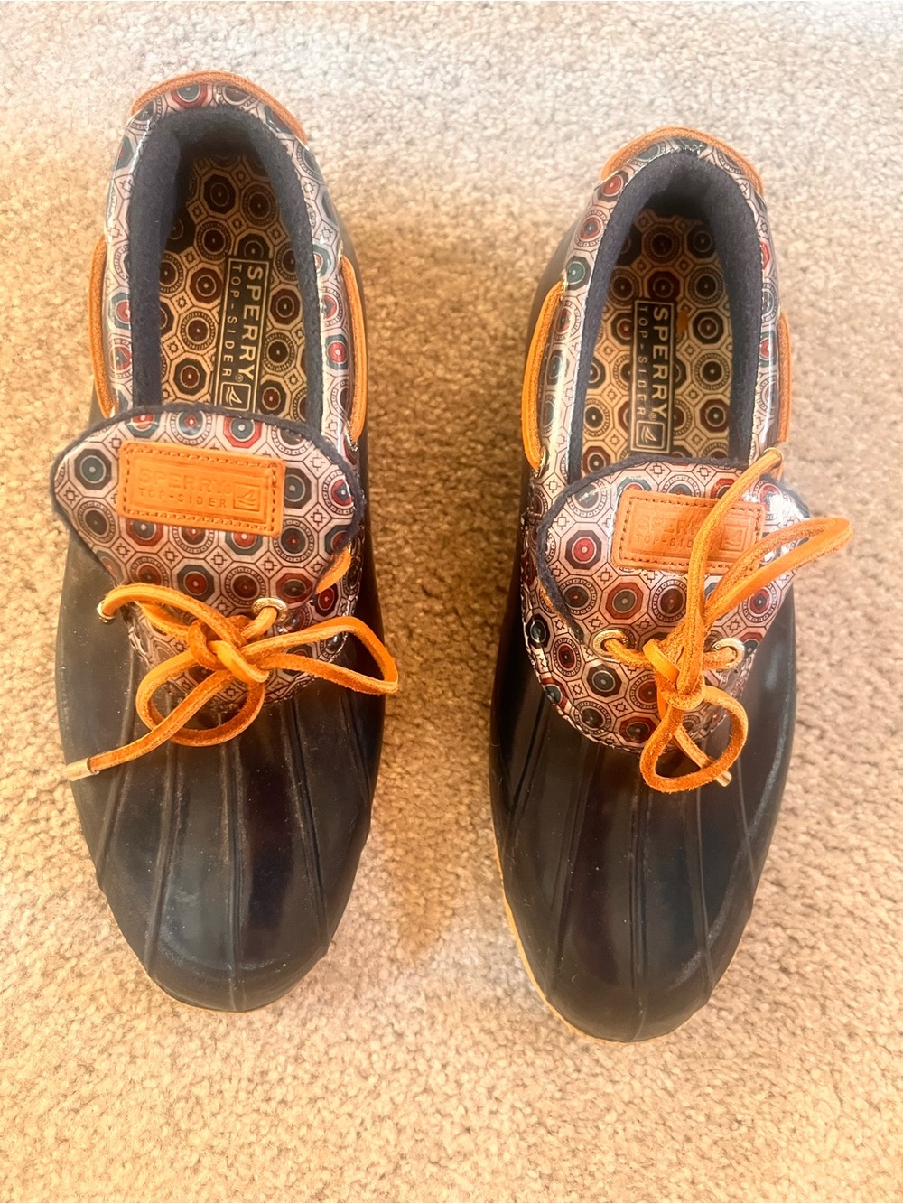 Sperry Black Duck Boots with Orange Laces and Patterned Collar
